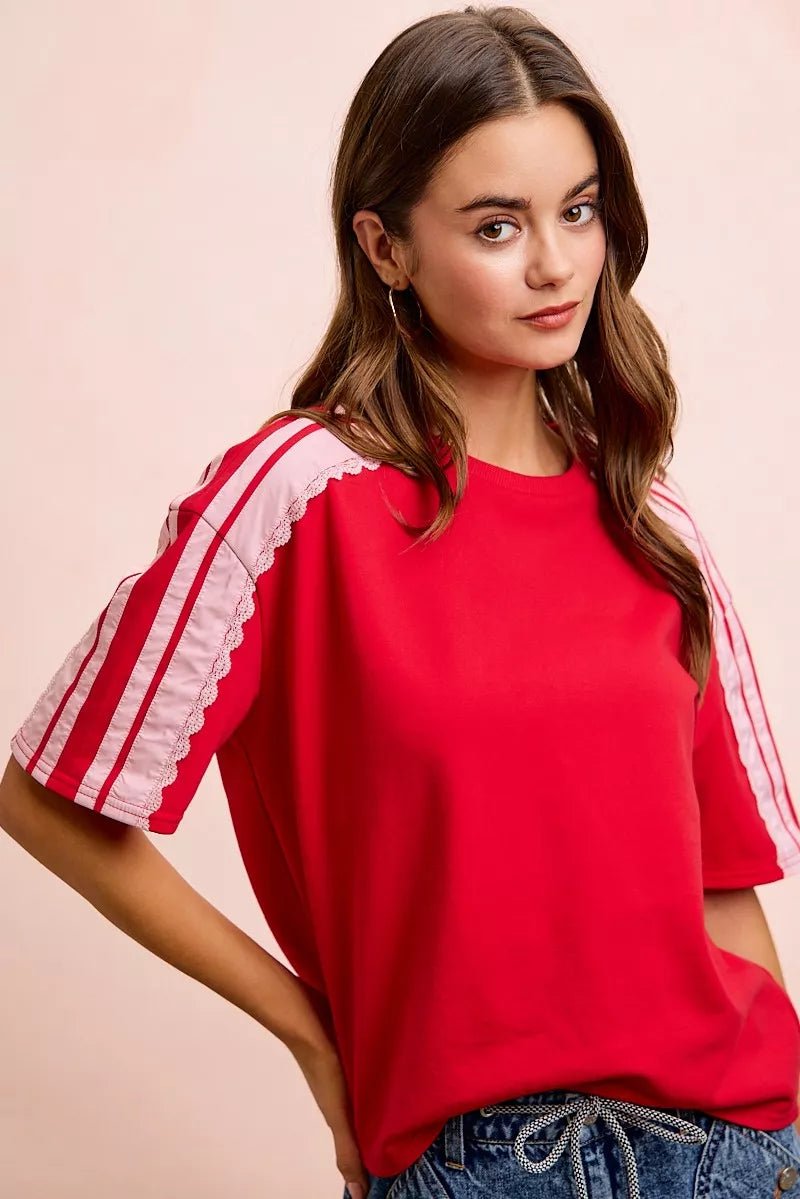 BiBi French Terry Side Lace Detail Short Sleeves Top - Bitsy Gypsy Boutique
