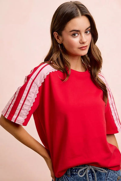 BiBi French Terry Side Lace Detail Short Sleeves Top - Bitsy Gypsy Boutique