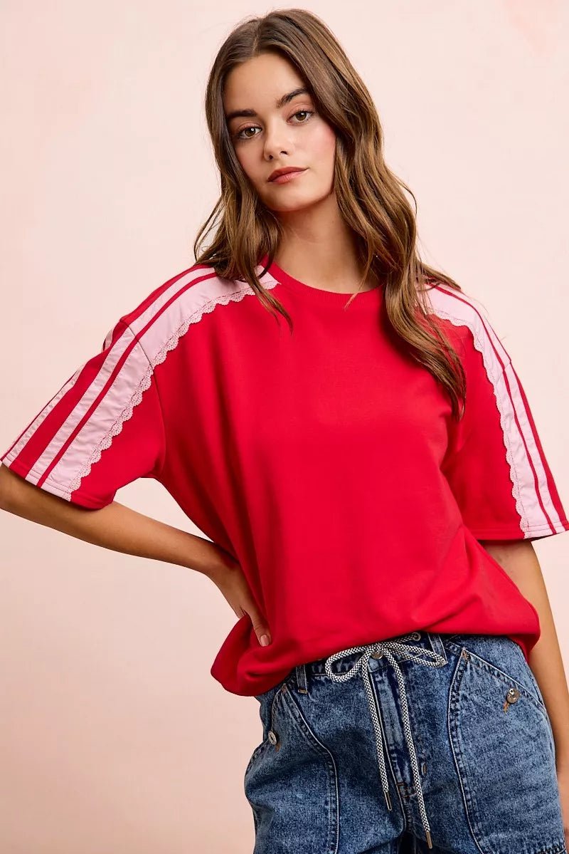 BiBi French Terry Side Lace Detail Short Sleeves Top - Bitsy Gypsy Boutique