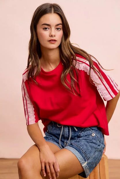 BiBi French Terry Side Lace Detail Short Sleeves Top - Bitsy Gypsy Boutique