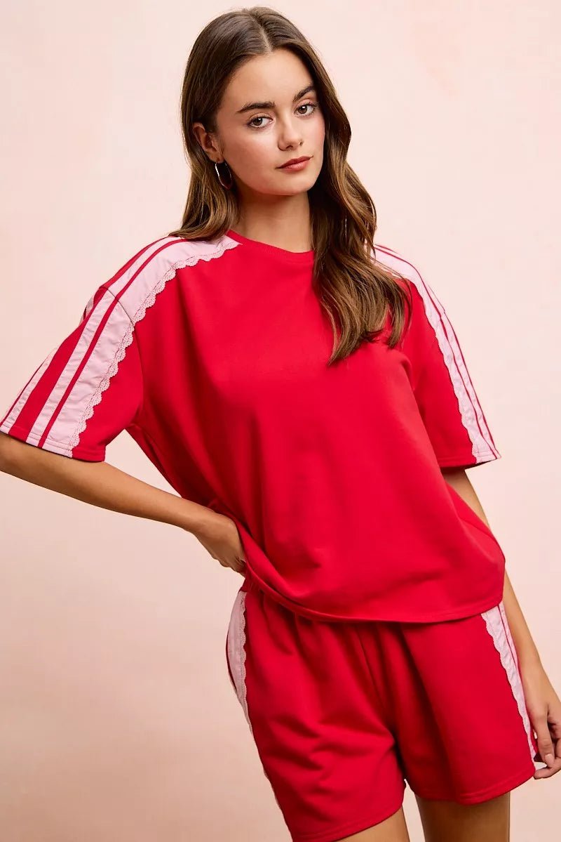BiBi French Terry Side Lace Detail Short Sleeves Top - Bitsy Gypsy Boutique