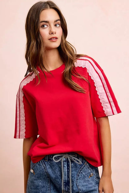 BiBi French Terry Side Lace Detail Short Sleeves Top - Bitsy Gypsy Boutique