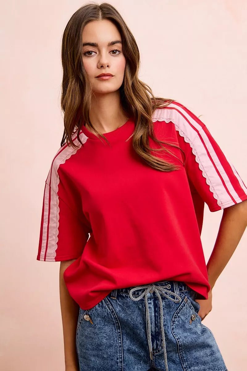 BiBi French Terry Side Lace Detail Short Sleeves Top - Bitsy Gypsy Boutique
