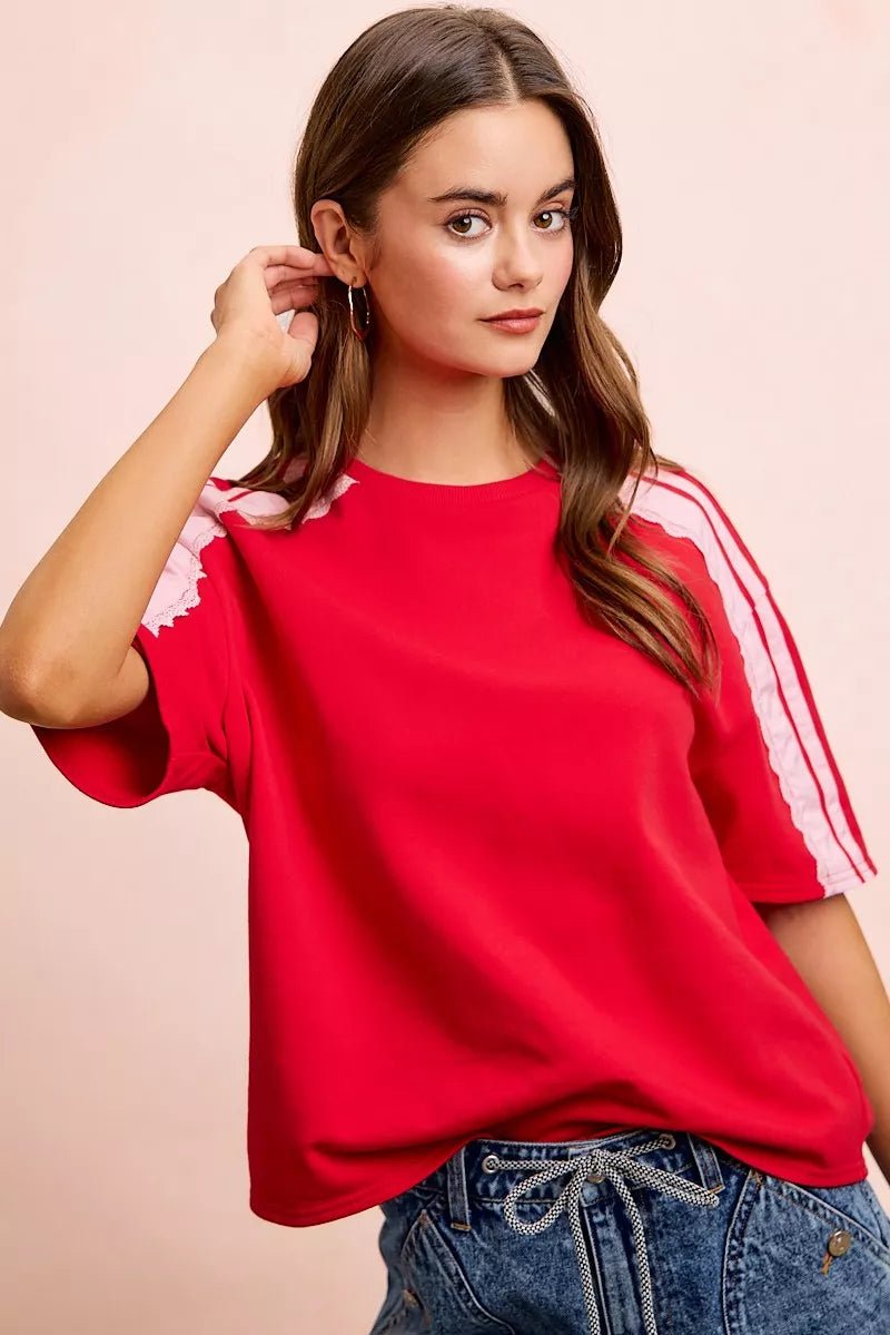 BiBi French Terry Side Lace Detail Short Sleeves Top - Bitsy Gypsy Boutique