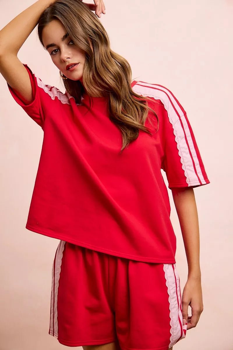 BiBi French Terry Side Lace Detail Short Sleeves Top - Bitsy Gypsy Boutique