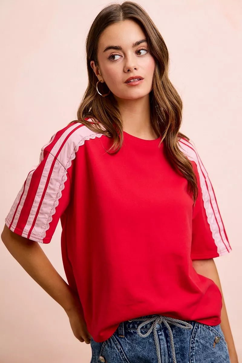 BiBi French Terry Side Lace Detail Short Sleeves Top - Bitsy Gypsy Boutique