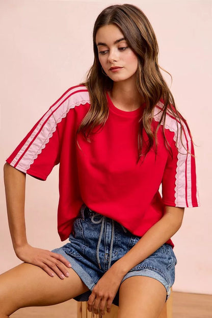 BiBi French Terry Side Lace Detail Short Sleeves Top - Bitsy Gypsy Boutique