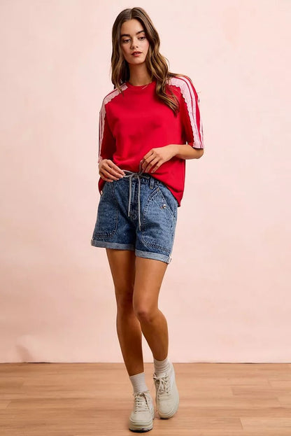 BiBi French Terry Side Lace Detail Short Sleeves Top - Bitsy Gypsy Boutique