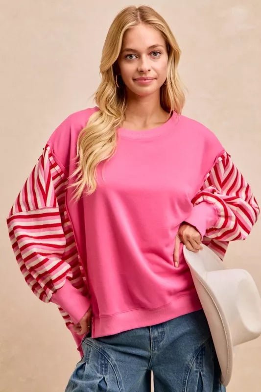 BiBi French Terry Stripe Combo Sweatshirt with Open Seam - Bitsy Gypsy Boutique