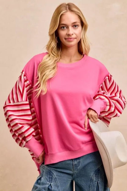 BiBi French Terry Stripe Combo Sweatshirt with Open Seam - Bitsy Gypsy Boutique