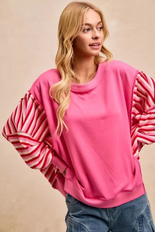 BiBi French Terry Stripe Combo Sweatshirt with Open Seam - Bitsy Gypsy Boutique