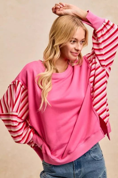 BiBi French Terry Stripe Combo Sweatshirt with Open Seam - Bitsy Gypsy Boutique
