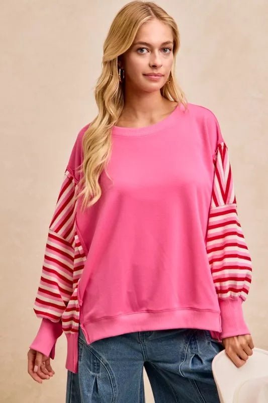 BiBi French Terry Stripe Combo Sweatshirt with Open Seam - Bitsy Gypsy Boutique