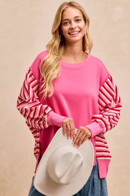 BiBi French Terry Stripe Combo Sweatshirt with Open Seam - Bitsy Gypsy Boutique