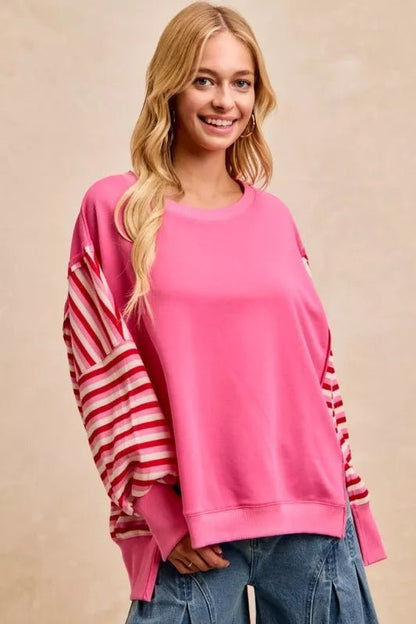 BiBi French Terry Stripe Combo Sweatshirt with Open Seam - Bitsy Gypsy Boutique