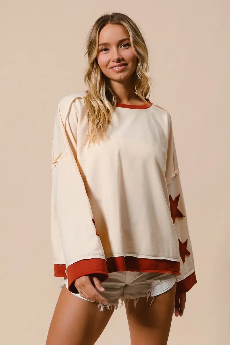 BiBi French Terry Top With Patch Detail Sweatshirt - Bitsy Gypsy Boutique