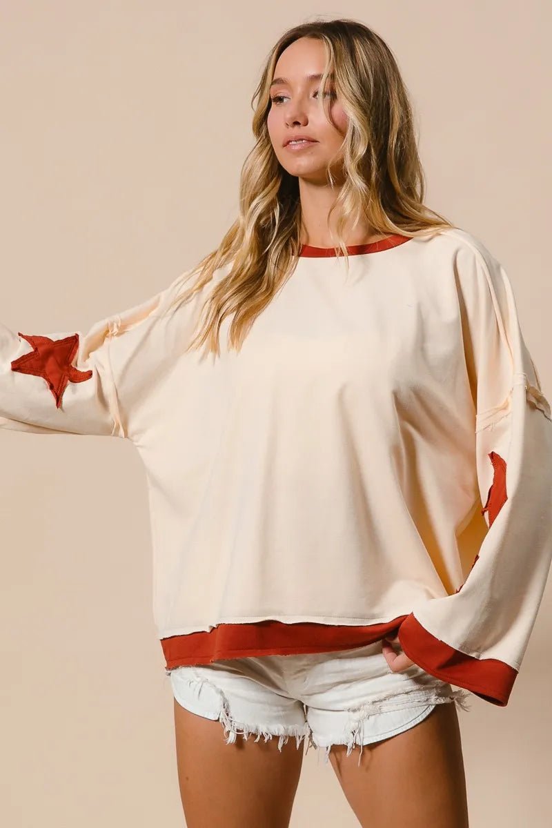 BiBi French Terry Top With Patch Detail Sweatshirt - Bitsy Gypsy Boutique