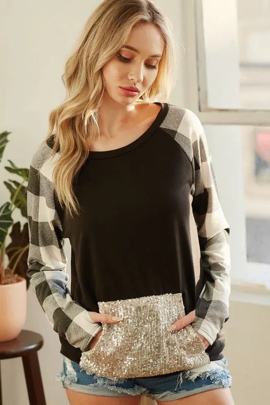 BiBi French Terry Top with Sequins Kangaroo Pocket - Bitsy Gypsy Boutique