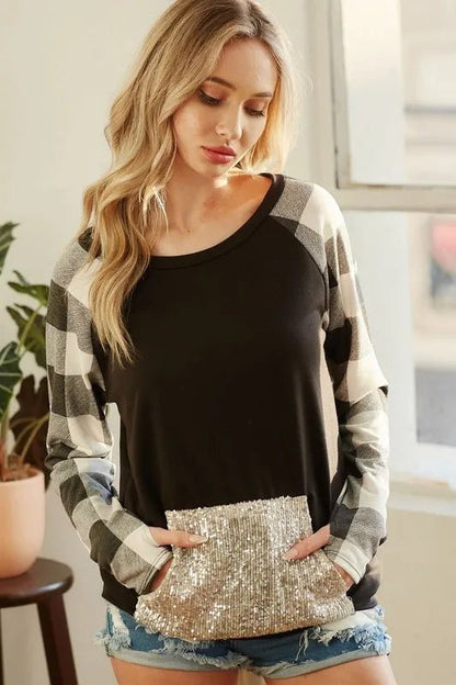 BiBi French Terry Top with Sequins Kangaroo Pocket - Bitsy Gypsy Boutique