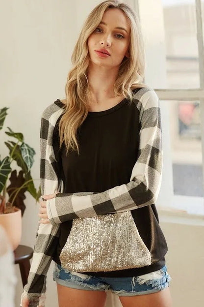 BiBi French Terry Top with Sequins Kangaroo Pocket - Bitsy Gypsy Boutique