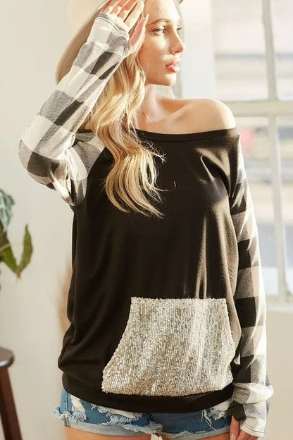 BiBi French Terry Top with Sequins Kangaroo Pocket - Bitsy Gypsy Boutique