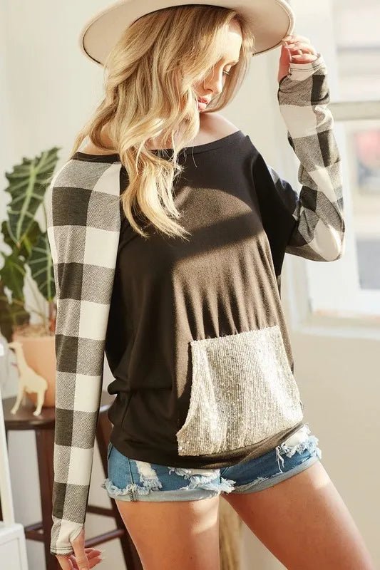 BiBi French Terry Top with Sequins Kangaroo Pocket - Bitsy Gypsy Boutique