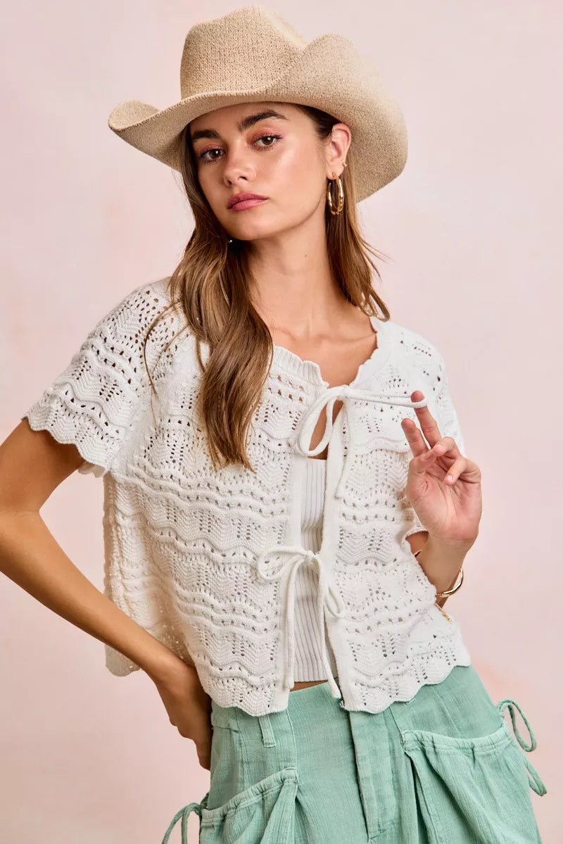 BiBi Front Bow Tie Detail Pointelle Knit Top - Bitsy Gypsy Boutique