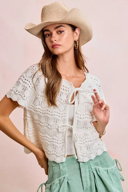 BiBi Front Bow Tie Detail Pointelle Knit Top - Bitsy Gypsy Boutique