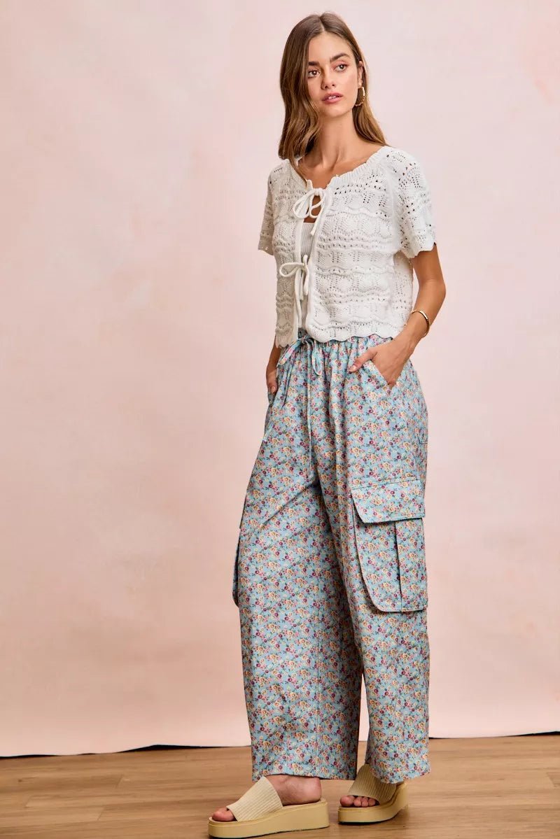 BiBi Front Bow Tie Detail Pointelle Knit Top - Bitsy Gypsy Boutique