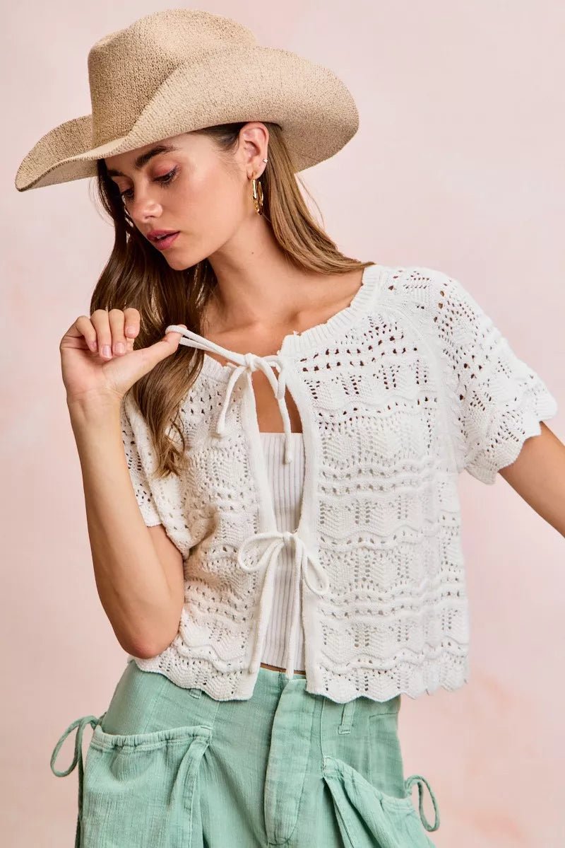 BiBi Front Bow Tie Detail Pointelle Knit Top - Bitsy Gypsy Boutique