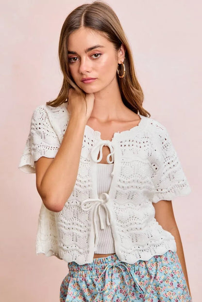 BiBi Front Bow Tie Detail Pointelle Knit Top - Bitsy Gypsy Boutique