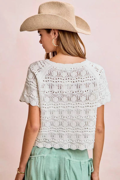 BiBi Front Bow Tie Detail Pointelle Knit Top - Bitsy Gypsy Boutique