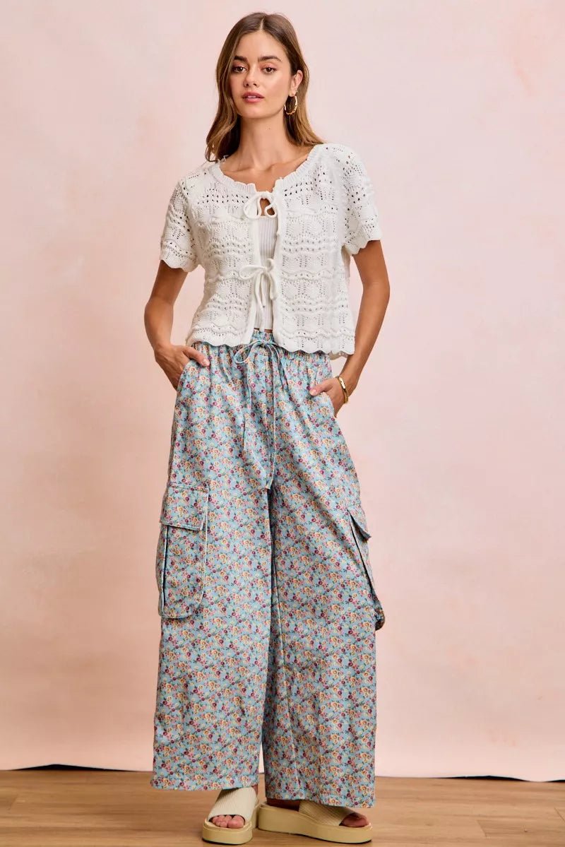 BiBi Front Bow Tie Detail Pointelle Knit Top - Bitsy Gypsy Boutique