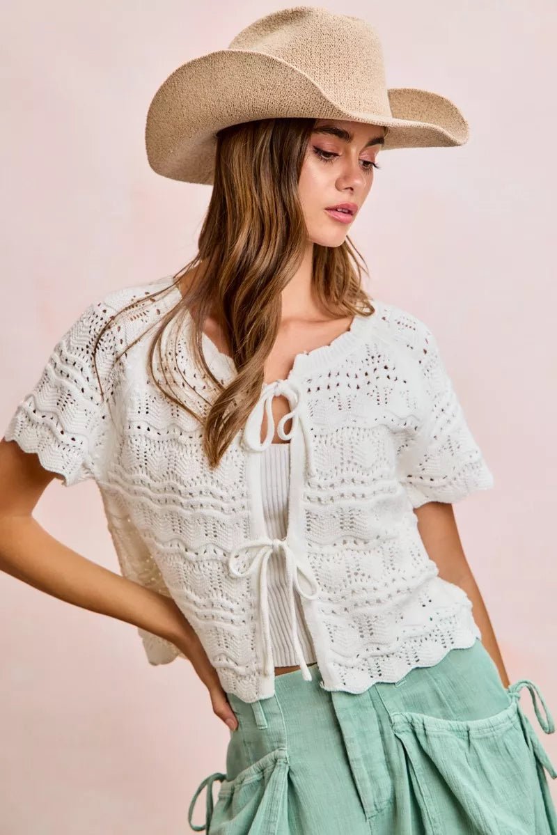 BiBi Front Bow Tie Detail Pointelle Knit Top - Bitsy Gypsy Boutique