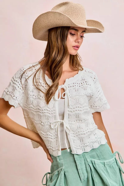 BiBi Front Bow Tie Detail Pointelle Knit Top - Bitsy Gypsy Boutique