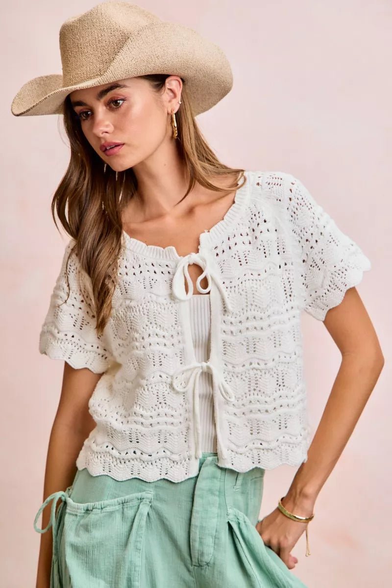 BiBi Front Bow Tie Detail Pointelle Knit Top - Bitsy Gypsy Boutique