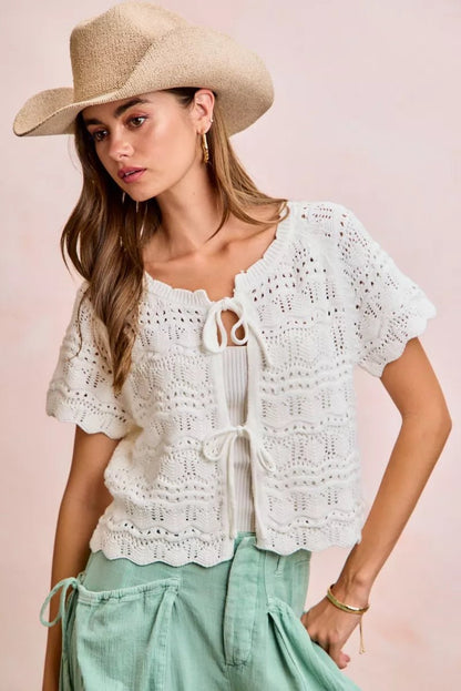 BiBi Front Bow Tie Detail Pointelle Knit Top - Bitsy Gypsy Boutique