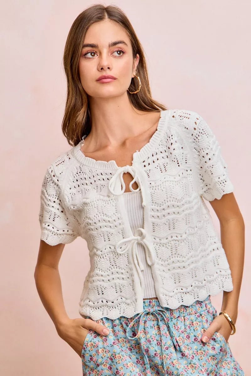 BiBi Front Bow Tie Detail Pointelle Knit Top - Bitsy Gypsy Boutique