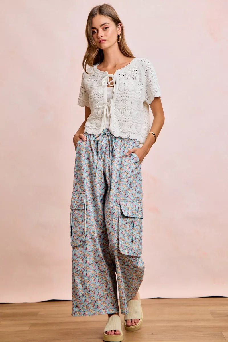 BiBi Front Bow Tie Detail Pointelle Knit Top - Bitsy Gypsy Boutique