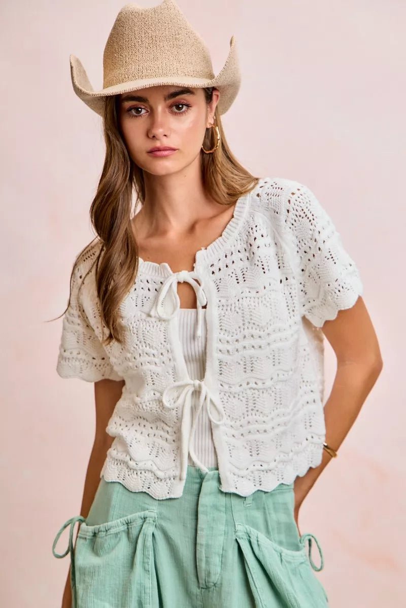 BiBi Front Bow Tie Detail Pointelle Knit Top - Bitsy Gypsy Boutique