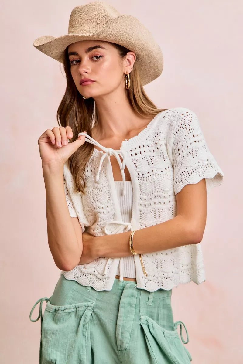 BiBi Front Bow Tie Detail Pointelle Knit Top - Bitsy Gypsy Boutique