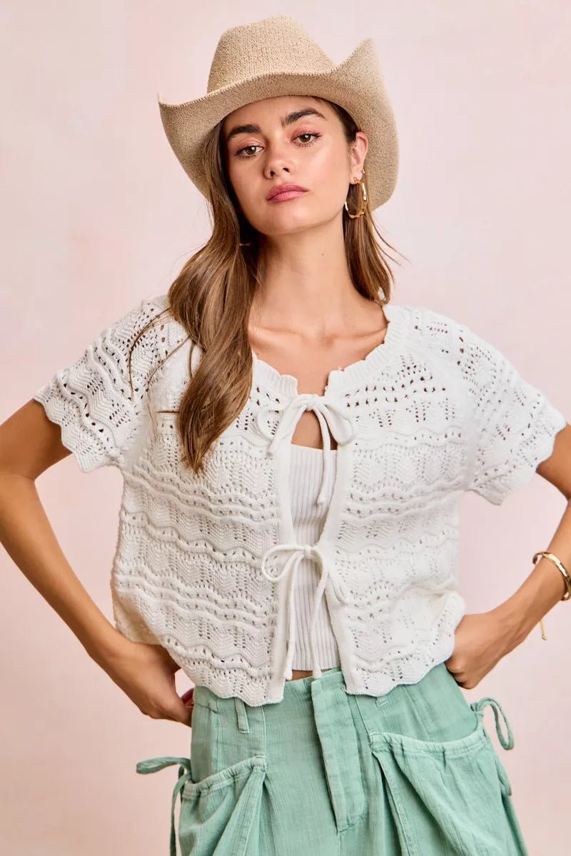 BiBi Front Bow Tie Detail Pointelle Knit Top - Bitsy Gypsy Boutique