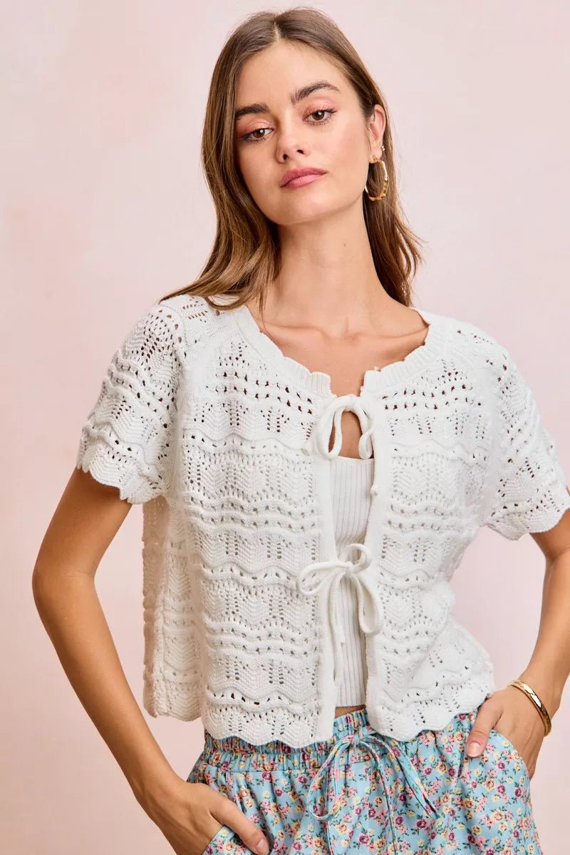 BiBi Front Bow Tie Detail Pointelle Knit Top - Bitsy Gypsy Boutique