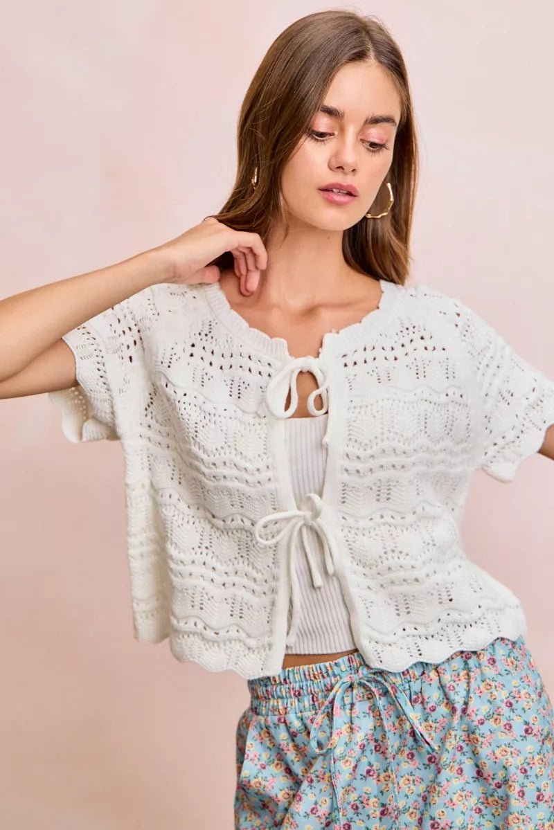 BiBi Front Bow Tie Detail Pointelle Knit Top - Bitsy Gypsy Boutique