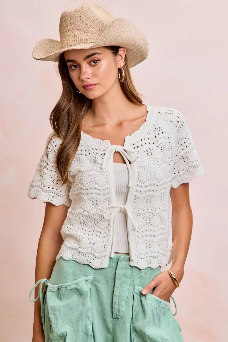BiBi Front Bow Tie Detail Pointelle Knit Top - Bitsy Gypsy Boutique