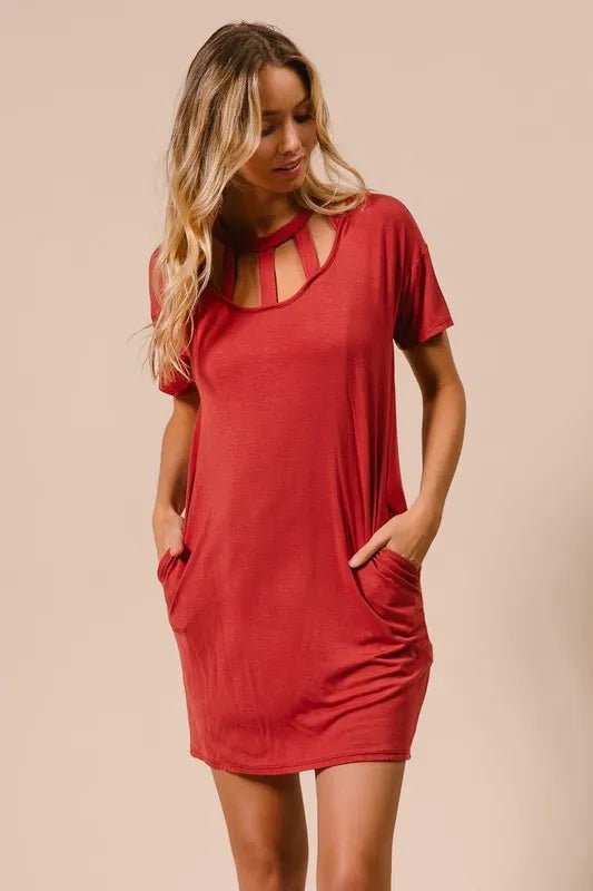 BiBi Front Cutout Mini Tee Dress with Pockets - Bitsy Gypsy Boutique
