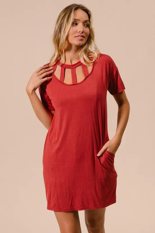 BiBi Front Cutout Mini Tee Dress with Pockets - Bitsy Gypsy Boutique