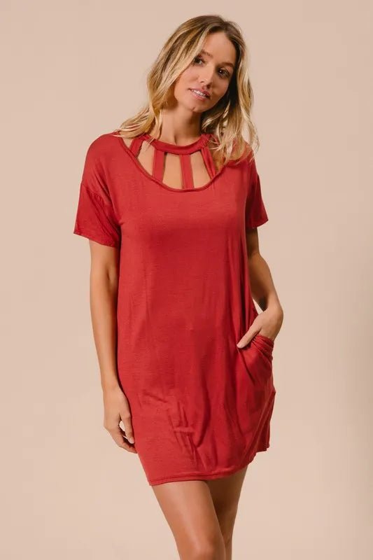 BiBi Front Cutout Mini Tee Dress with Pockets - Bitsy Gypsy Boutique