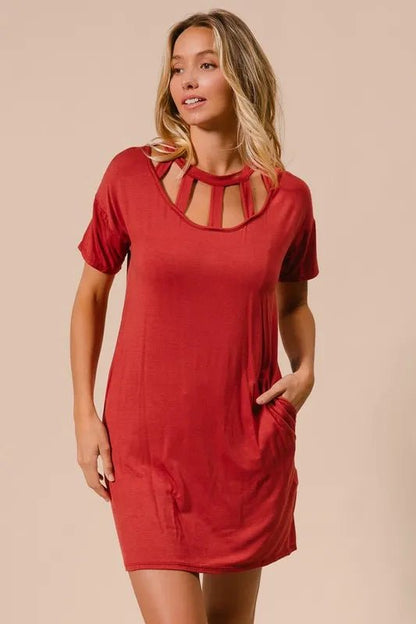 BiBi Front Cutout Mini Tee Dress with Pockets - Bitsy Gypsy Boutique