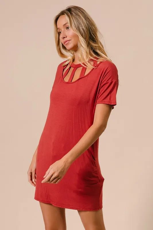BiBi Front Cutout Mini Tee Dress with Pockets - Bitsy Gypsy Boutique
